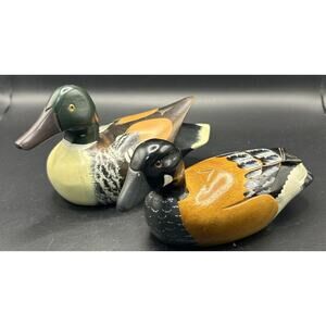 Vintage Wooden Decoy Hand Carved & Painted Glass Eye Wood Ducks Set Of Two